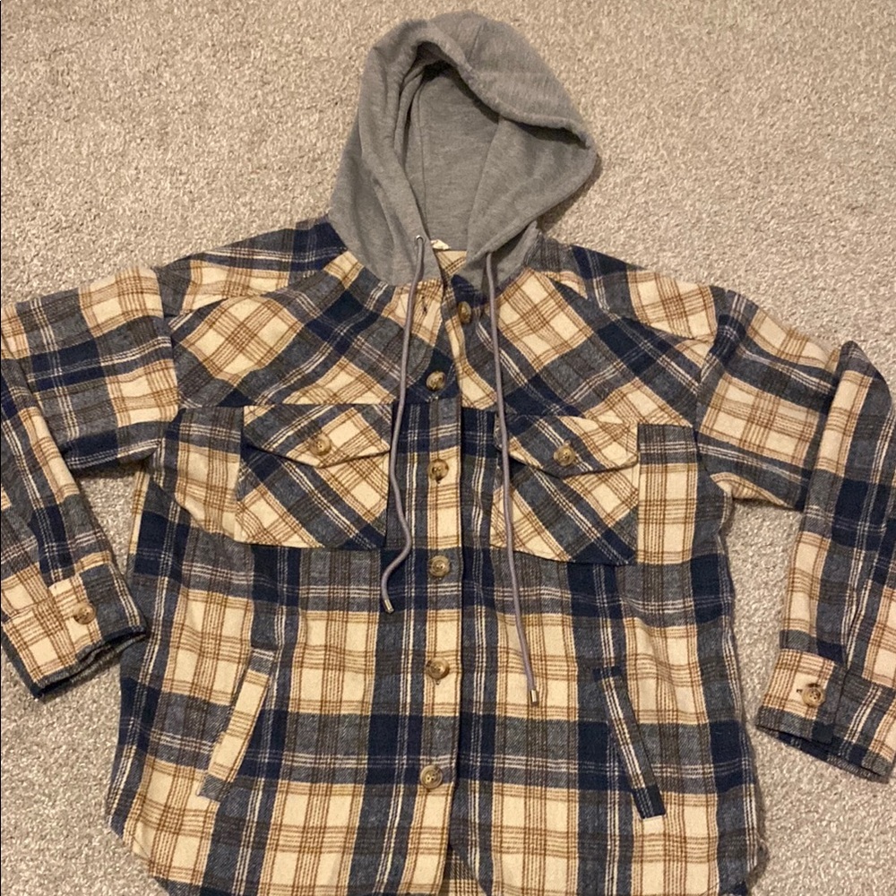 PacSun Plaid Hoodie Sweatshirt - Blue and Tan